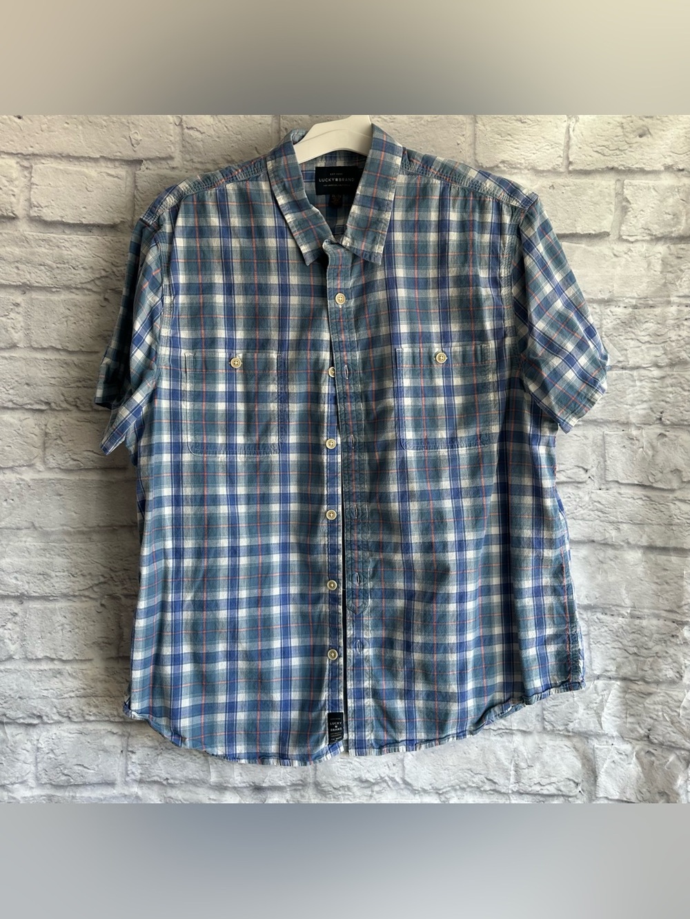 PREOWNED LUCKY BRAND SHORT SLEEVE UE PLAID BUTTON DOWN SHIRT MENS XL